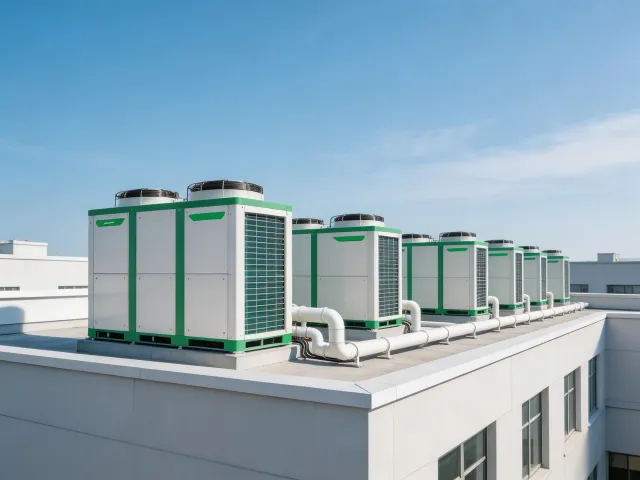 Dimplex commercial air source heat pump system installed on building rooftop
